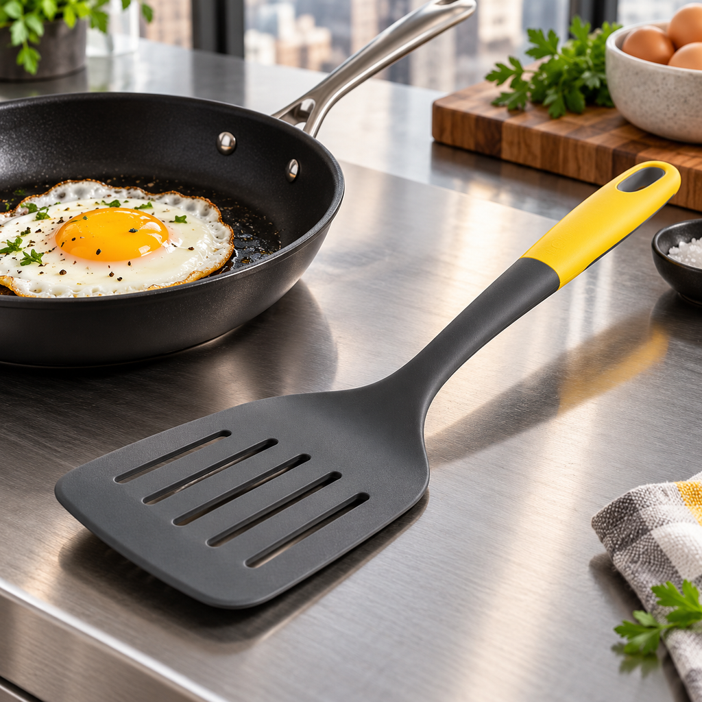 Charcoal Slotted Turner with Yellow Handle — main product view